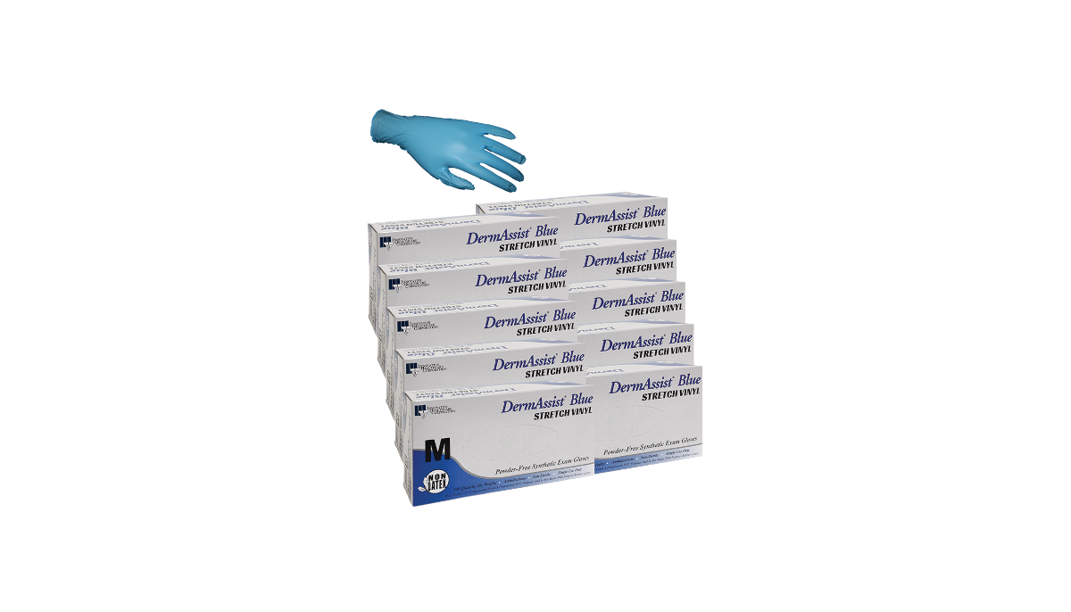 Dermassist blue synthetic powder free stretch vinyl exam gloves